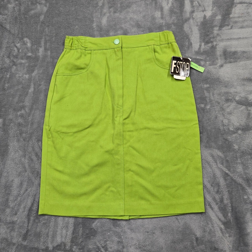 VTG 80s F Stop Lime Green Denim Pencil Skirt Womens Size 8 28W Made in USA NEW